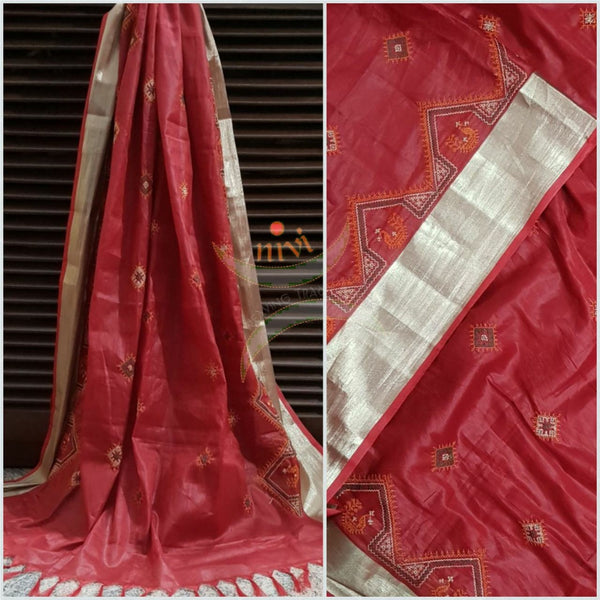 Red with gold border kota cotton Kasuti embroidered duppata  with Traditional peacock motif