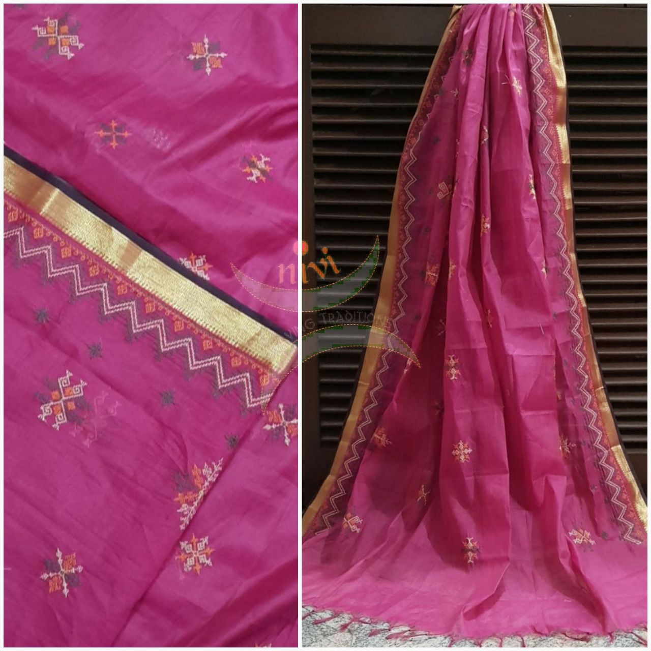 Pink with gold border kota cotton Kasuti embroidered duppata  with Traditional geometric motif