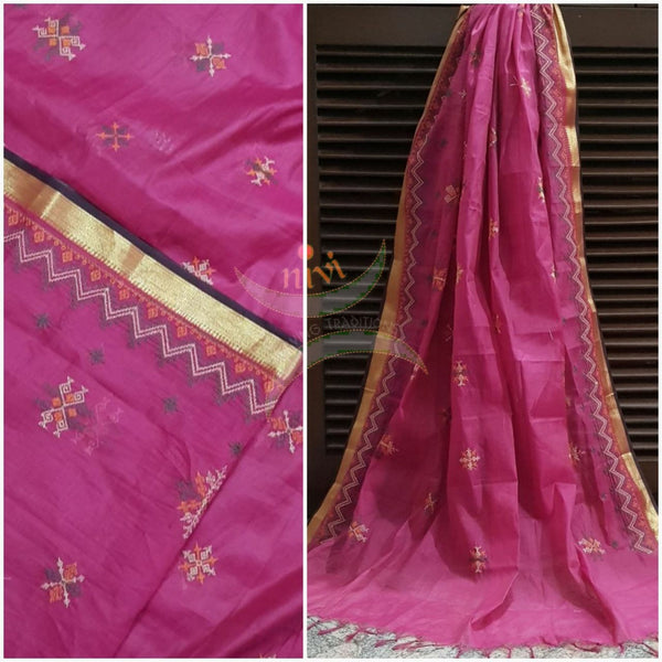 Pink with gold border kota cotton Kasuti embroidered duppata  with Traditional geometric motif