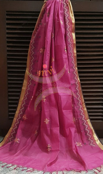 Pink with gold border kota cotton Kasuti embroidered duppata  with Traditional geometric motif