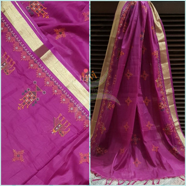 pinkish purple with gold kota cotton Kasuti embroidered duppata  with Traditional anne ambari motifs.