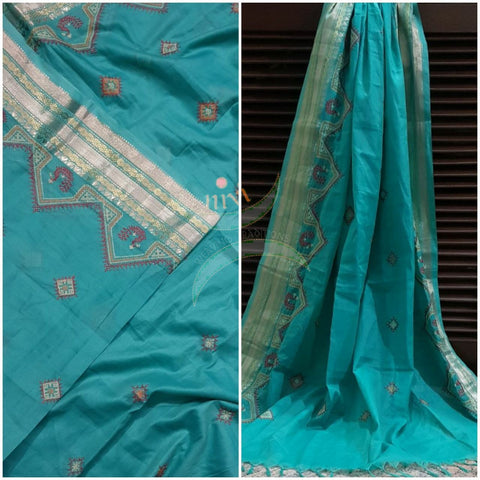 Sea green with gold border kota cotton Kasuti embroidered duppata  with Traditional peacock motif