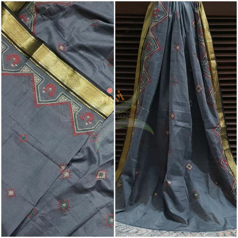 Grey with gold border kota cotton Kasuti embroidered duppata  with Traditional peacock motif