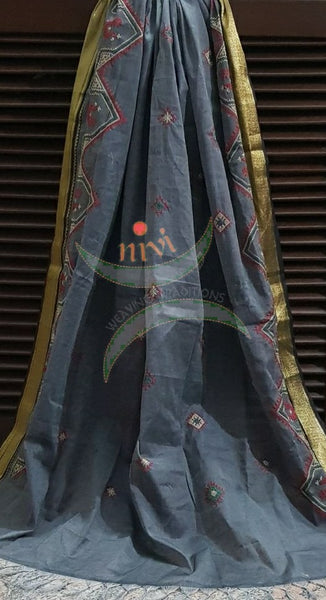 Grey with gold border kota cotton Kasuti embroidered duppata  with Traditional peacock motif