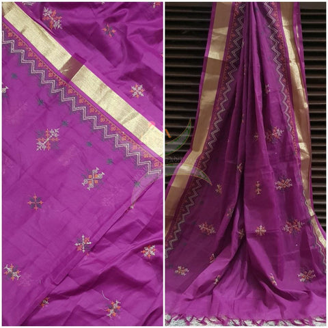 Pinkish purple with gold border kota cotton Kasuti embroidered duppata  with Traditional geometric motif