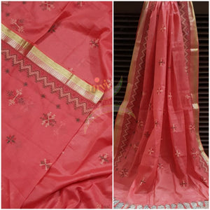 Peach with gold border kota cotton Kasuti embroidered duppata  with Traditional geometric motif