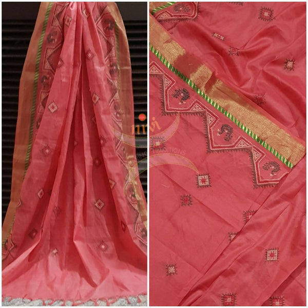 Peach with gold border kota cotton Kasuti embroidered duppata  with Traditional peacock motif