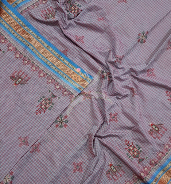 Grey checks with green border narayanpet cotton Kasuti embroidered duppata  with Traditional anne ambari gopura motifs.
