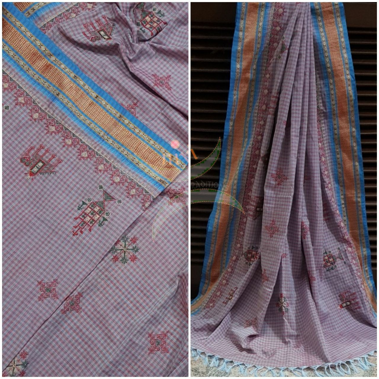 Grey checks with green border narayanpet cotton Kasuti embroidered duppata  with Traditional anne ambari gopura motifs.