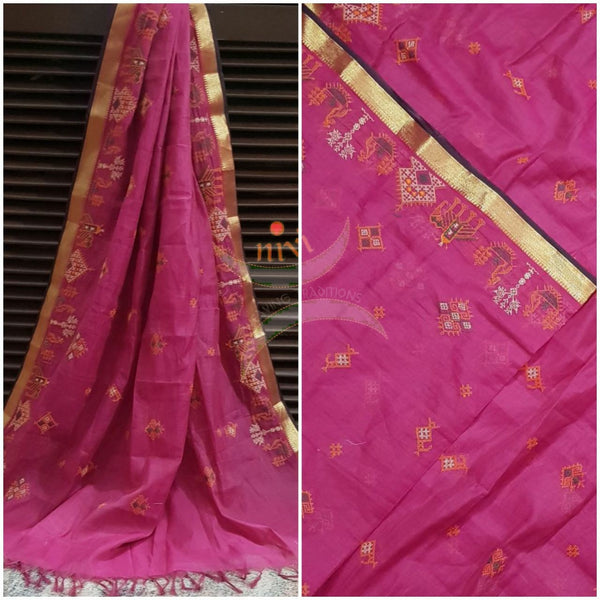 Fuschia Pink with gold border kota cotton Kasuti embroidered duppata  with Traditional anne ambari gopura motif