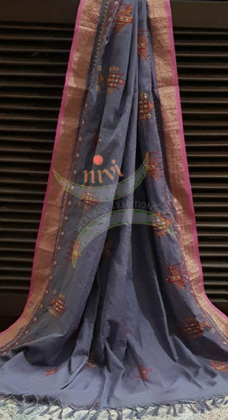 Grey checks with pink border narayanpet cotton Kasuti embroidered duppata  with Traditional anne ambari motifs.