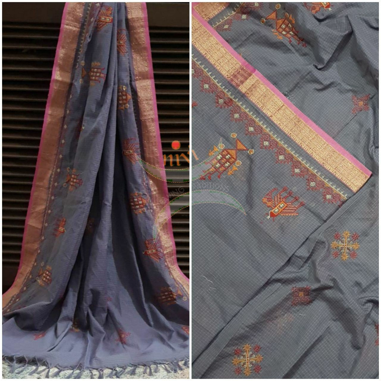 Grey checks with pink border narayanpet cotton Kasuti embroidered duppata  with Traditional anne ambari motifs.