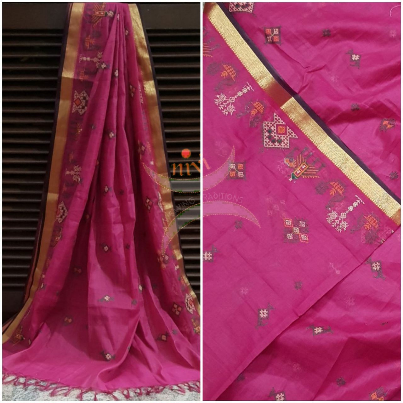 Fuschia pink with gold border kota cotton Kasuti embroidered duppata  with Traditional anne ambari gopura motif