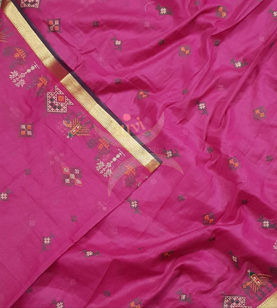 Fuschia pink with gold border kota cotton Kasuti embroidered duppata  with Traditional anne ambari gopura motif