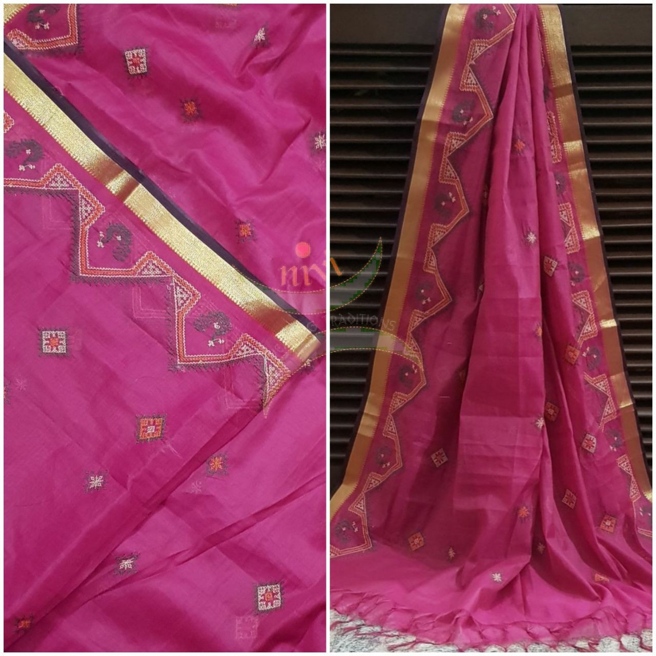 Fuschia pink with gold border kota cotton Kasuti embroidered duppata  with Traditional peacock motifs.
