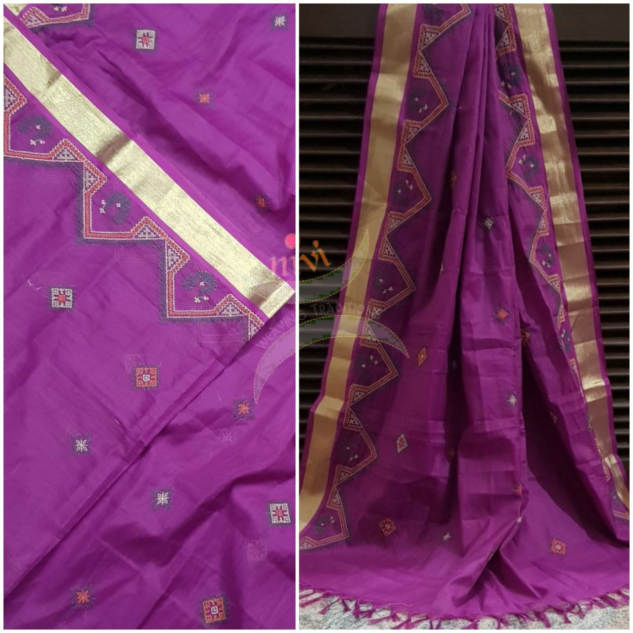 Pinkish purple with gold border kota cotton Kasuti embroidered duppata  with Traditional peacock motif