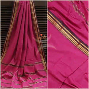 Fuschia pink cotton blended checks with contrasting brown temple border and striped pallu.