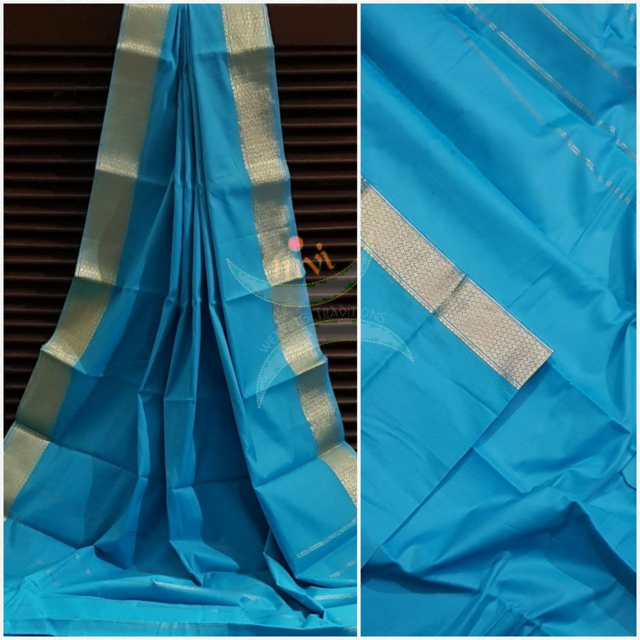 Blue cotton blended saree with zari border and thin zari stripes on pallu.