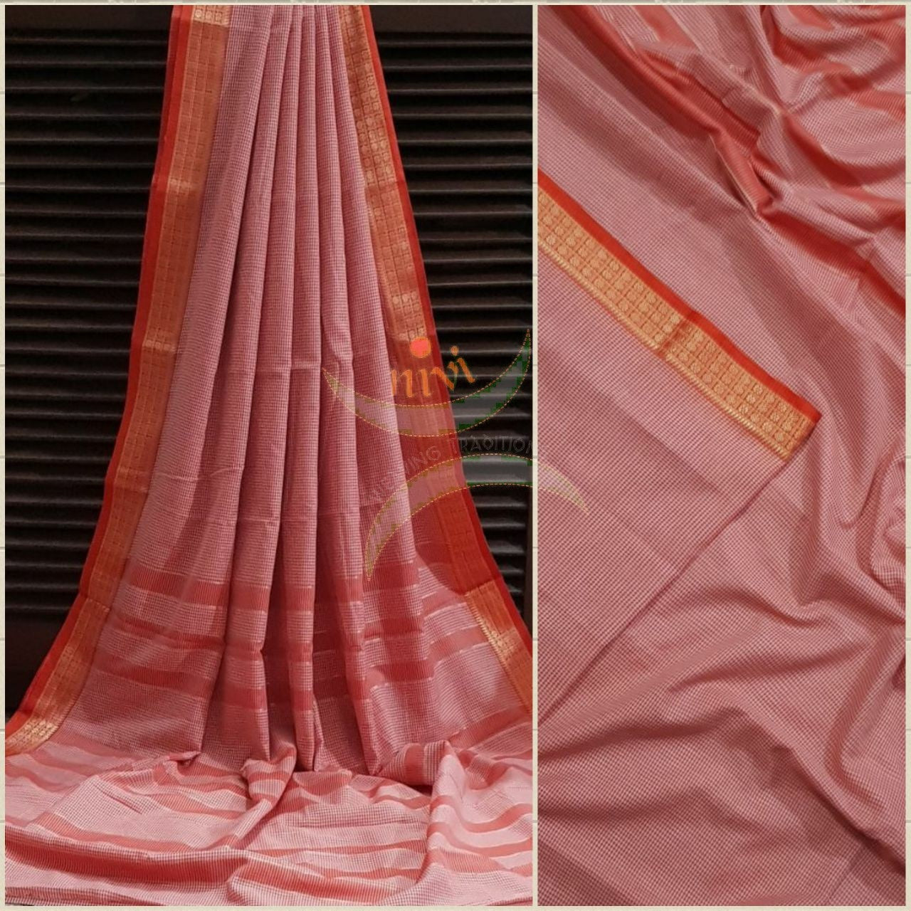 Peach checks cotton blend with contrasting orange zari border and thin stripes on pallu.