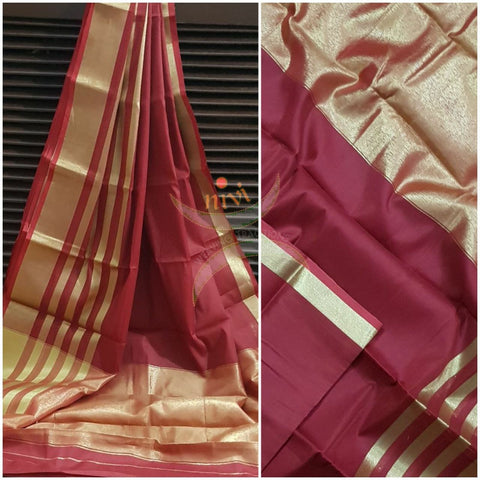Red cotton blend with tissue striped border and tissue pallu.