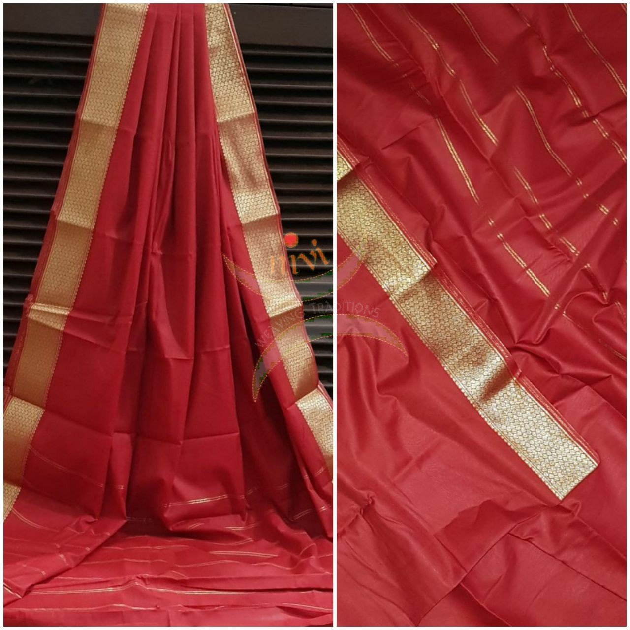 Red cotton blend saree with zari border and thin stripes on pallu.