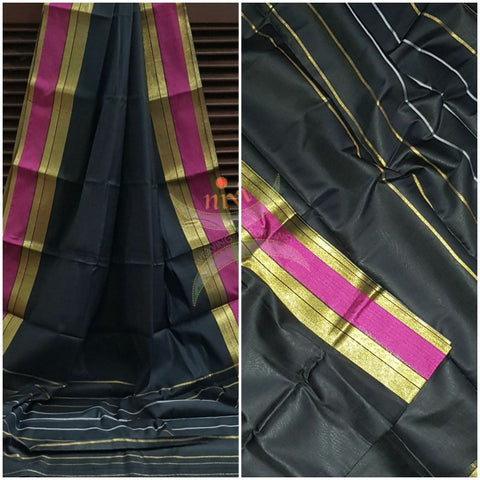 Black cotton blend with contrasting pink and gold border and thin stripes on pallu.