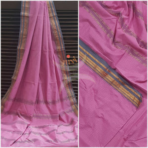 Pink checks cotton blend with contrasting grey border and thin stripes on pallu
