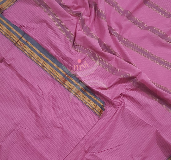 Pink checks cotton blend with contrasting grey border and thin stripes on pallu