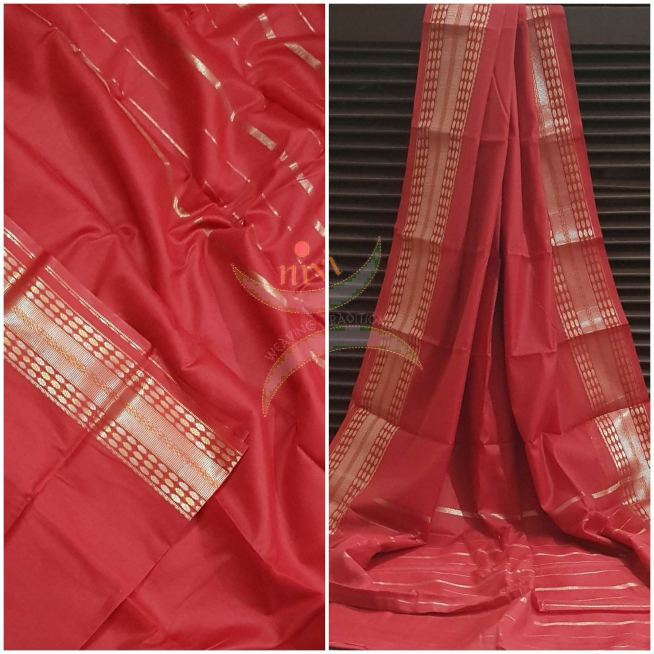 Red cotton blend saree with subtle gold zari border and thin stripes on pallu