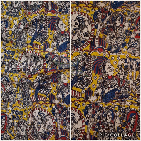 Mustard handloom kalamkari cotton with traditional intricate human figures