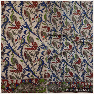 Off white handloom kalamkari cotton with traditional floral and peocock motif