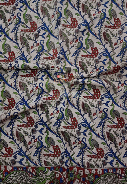 Off white handloom kalamkari cotton with traditional floral and peocock motif