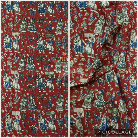 Red handloom kalamkari cotton with traditional human figures