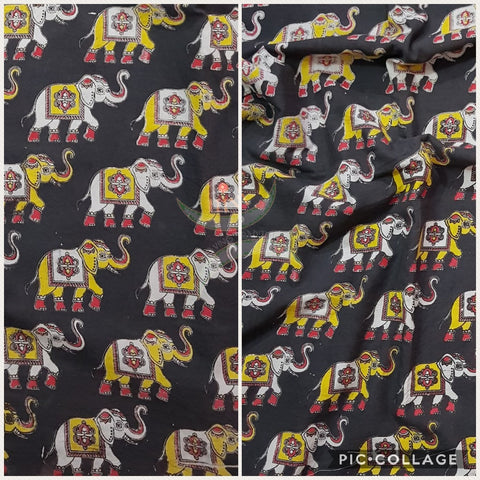Black handloom kalamkari cotton with traditional elephant motif