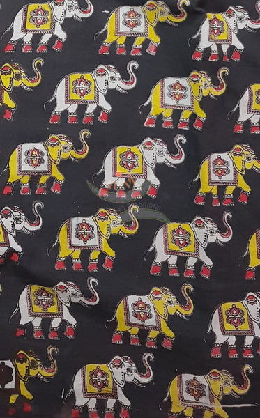 Black handloom kalamkari cotton with traditional elephant motif
