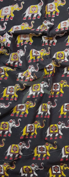 Black handloom kalamkari cotton with traditional elephant motif