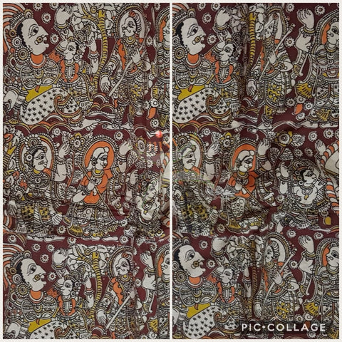Maroon handloom kalamkari cotton with traditional mythological figures