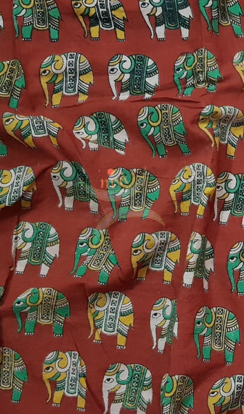 Red handloom kalamkari cotton with traditional elephant motif