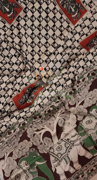 Off white Handloom cotton kalamkari duppata with dancing figures and elephant motif