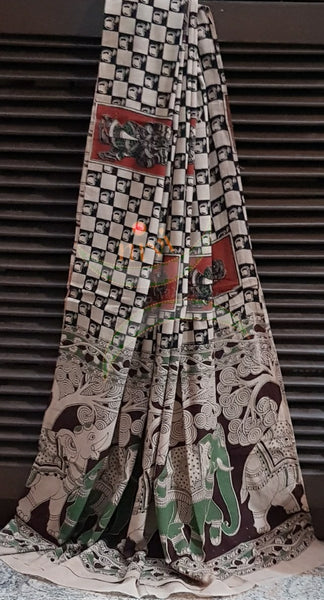 Off white Handloom cotton kalamkari duppata with dancing figures and elephant motif