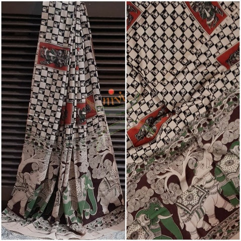 Off white Handloom cotton kalamkari duppata with dancing figures and elephant motif