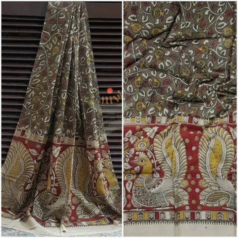 Mehendi green Handloom cotton kalamkari duppata with peacock and floral motif
