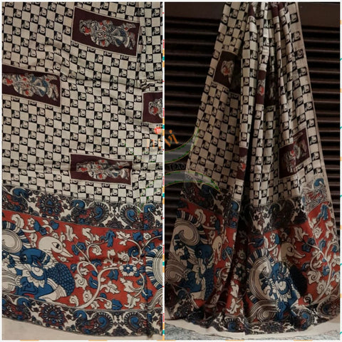 Beige Handloom cotton kalamkari duppata with dancing figure and peacock motif