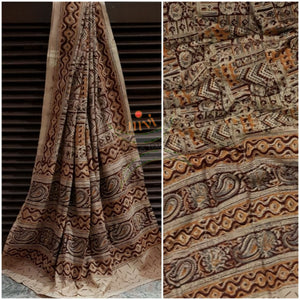 Beige Handloom cotton kalamkari duppata with abstract figures and paisley motif