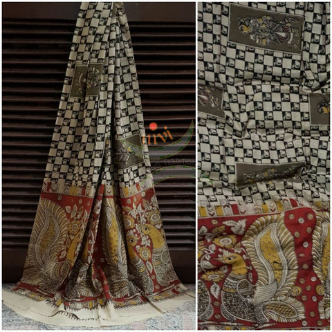 Mehendi green Handloom cotton kalamkari duppata with dancing figures and peacock motif