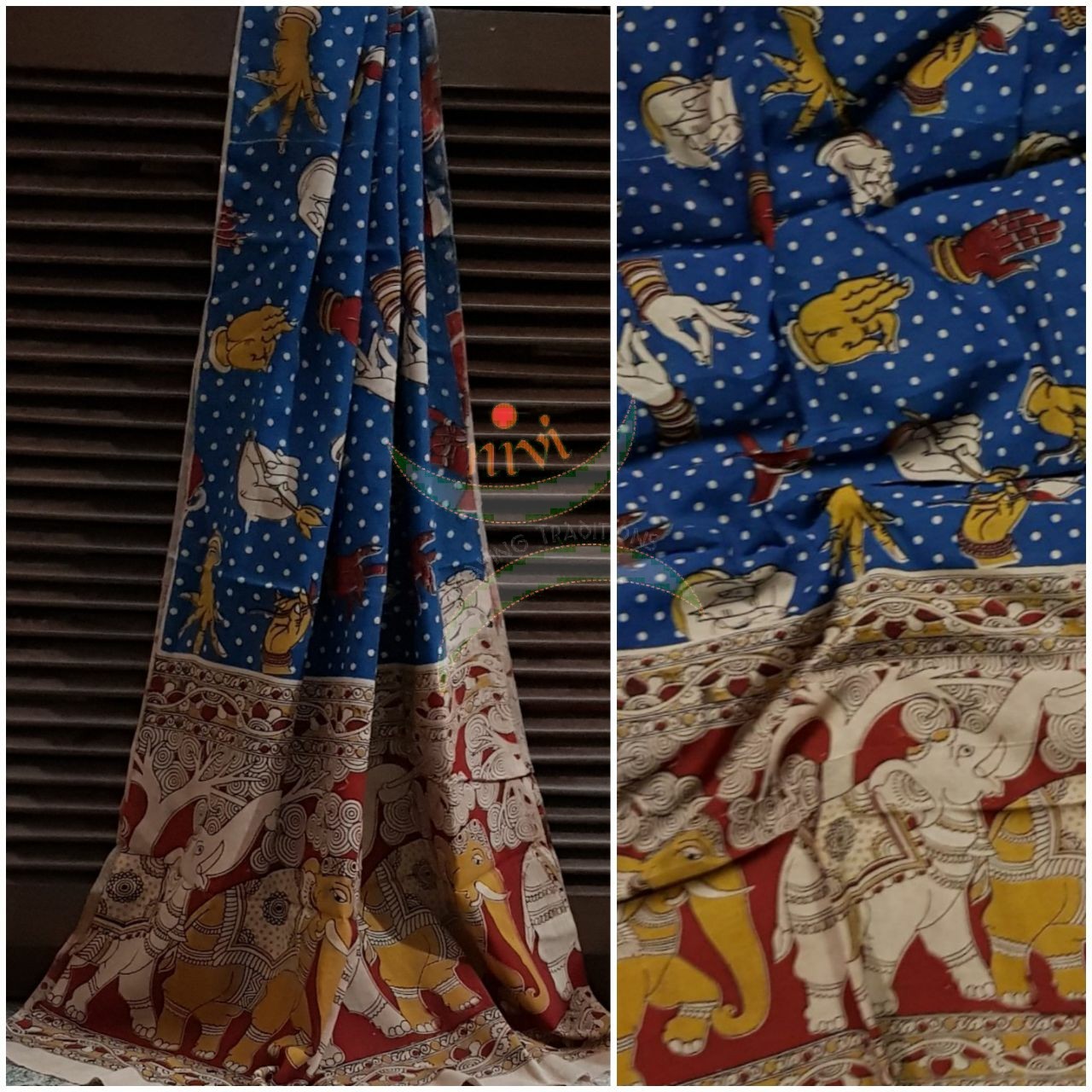 Blue Handloom cotton kalamkari duppata with hand mudra and elephant motif