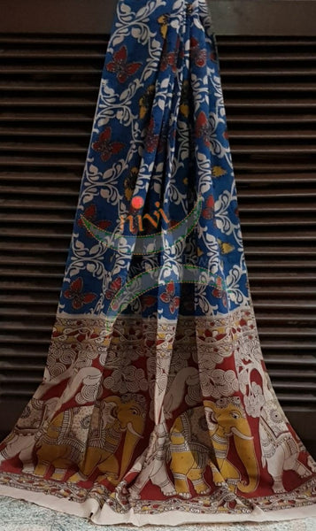 Blue Handloom cotton kalamkari duppata with butterfly and elephant motif