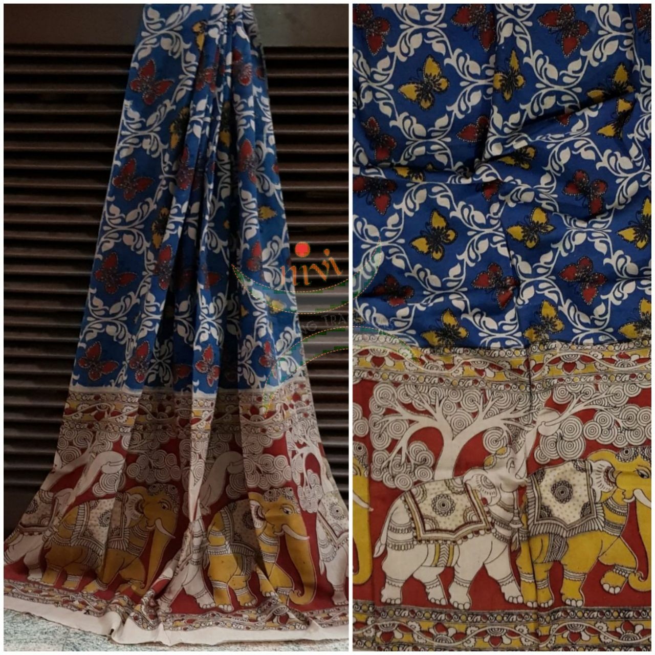 Blue Handloom cotton kalamkari duppata with butterfly and elephant motif