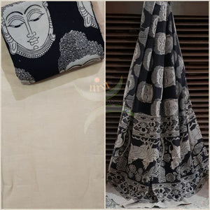 Handloom Mul cotton black bhuddha face motif print kalamkari dupatta and bottom with off mangalgiri Cotton top.