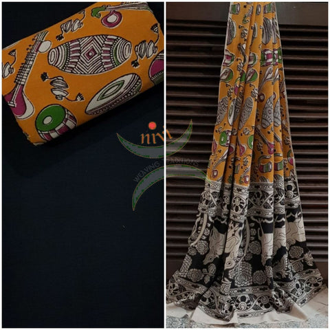 Handloom orange musical instrument motif print kalamkari dupatta and bottom with black mangalgiri Cotton top.